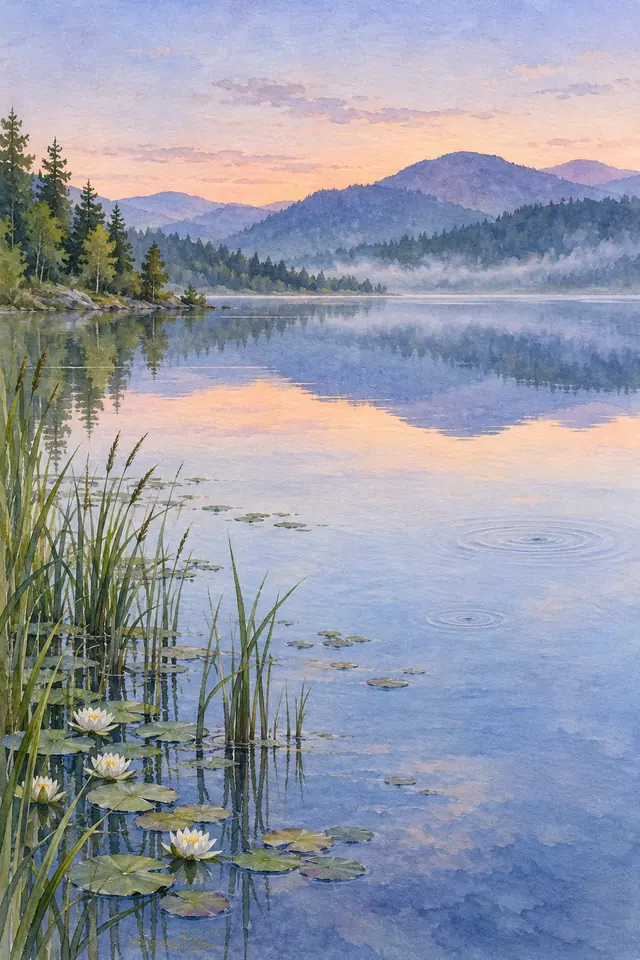 Aquarela de lago com flores aquáticas brancas, juncos e reflexos de montanhas sob céu lilás ao entardecer.