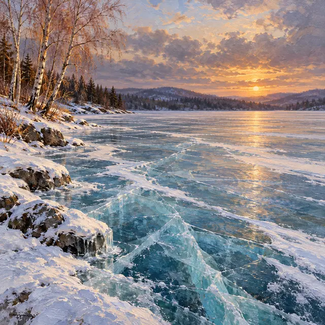 Pintura de lago congelado com fissuras azuis, margem nevada, bétulas e floresta sob o céu dourado do pôr do sol.