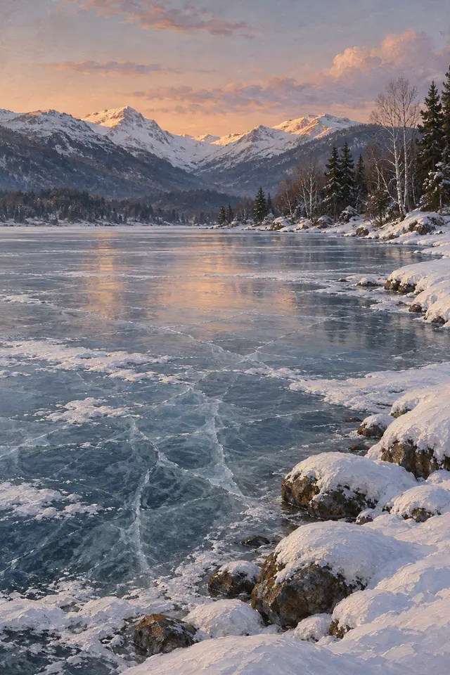 Pintura de lago congelado com fissuras no gelo, pedras nevadas e montanhas sob a luz rosada do entardecer.