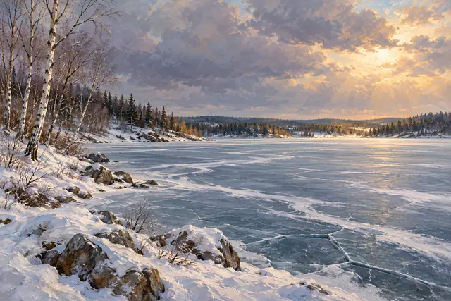 Pintura a óleo de lago congelado com neve, bétulas e floresta sob raios dourados entre nuvens.