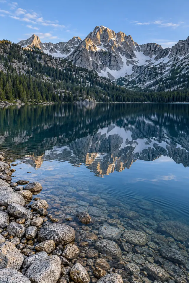 Lago cristalino com pedras na margem reflete montanhas com neve e floresta sob o céu azul.