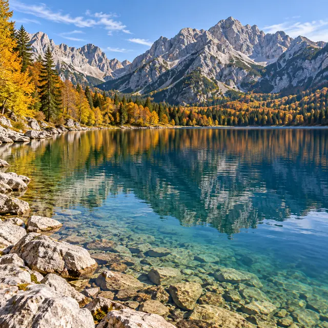 Lago cristalino com pedras na margem reflete montanhas rochosas e árvores douradas de outono sob céu azul.