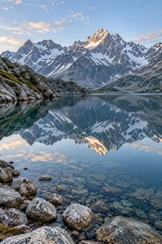 Lago tranquilo reflete montanhas com neve sob a luz da manhã, com pedras visíveis na água cristalina da margem.