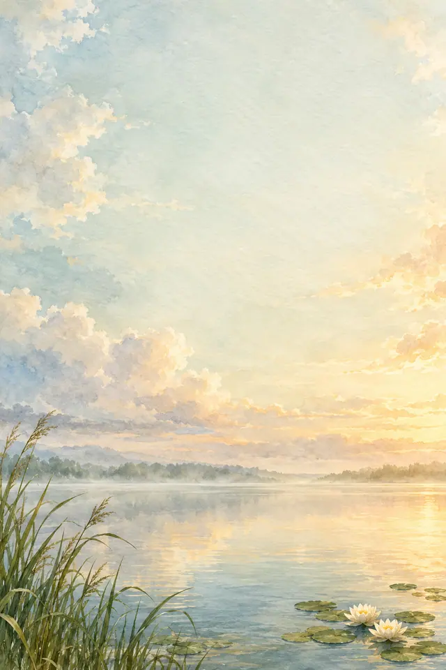 Aquarela de lago ao amanhecer, com nuvens douradas, juncos à esquerda e flores aquáticas brancas à direita.