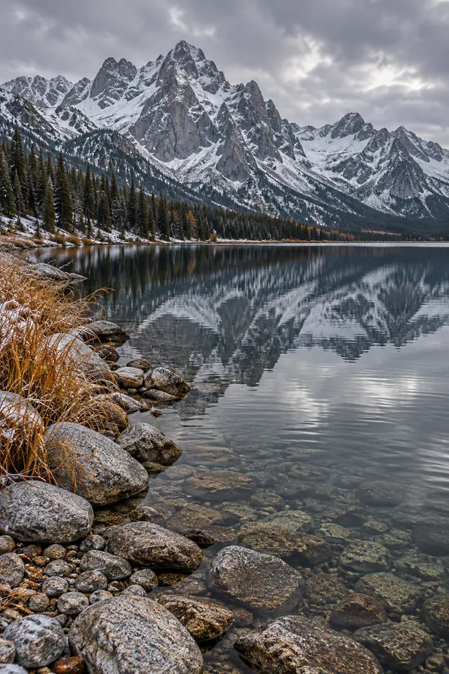 Montanhas nevadas refletidas em lago tranquilo, com pedras na água transparente e capins dourados na margem.