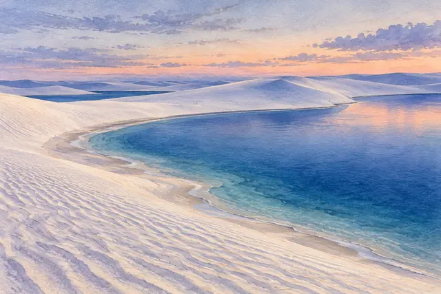 Aquarela de dunas brancas e lagoa azul nos Lençóis Maranhenses, sob céu de pêssego e lavanda ao entardecer.