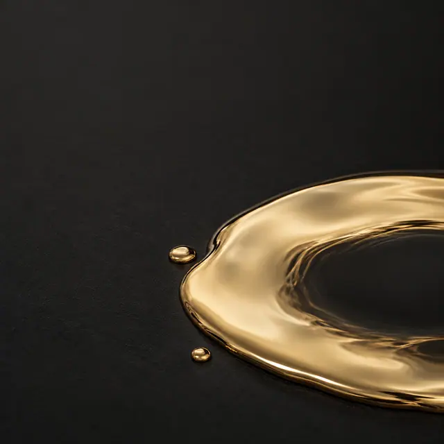 Poça de ouro líquido com borda curva e duas gotas sobre fundo preto texturizado, com amplo espaço vazio.