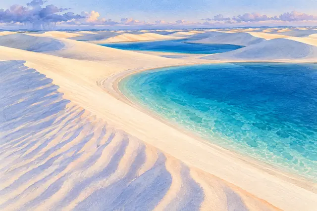 Aquarela de dunas brancas e lagoas azuis inspiradas nos Lençóis Maranhenses, com sombras lilases e céu suave.