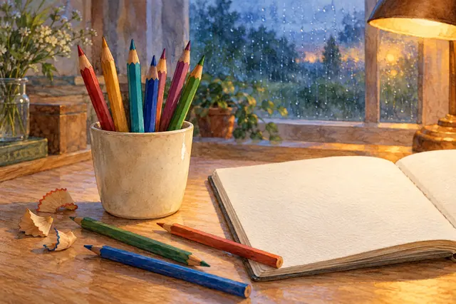 Aquarela de lápis coloridos, caderno em branco e aparas sobre mesa iluminada por abajur diante de janela chuvosa.