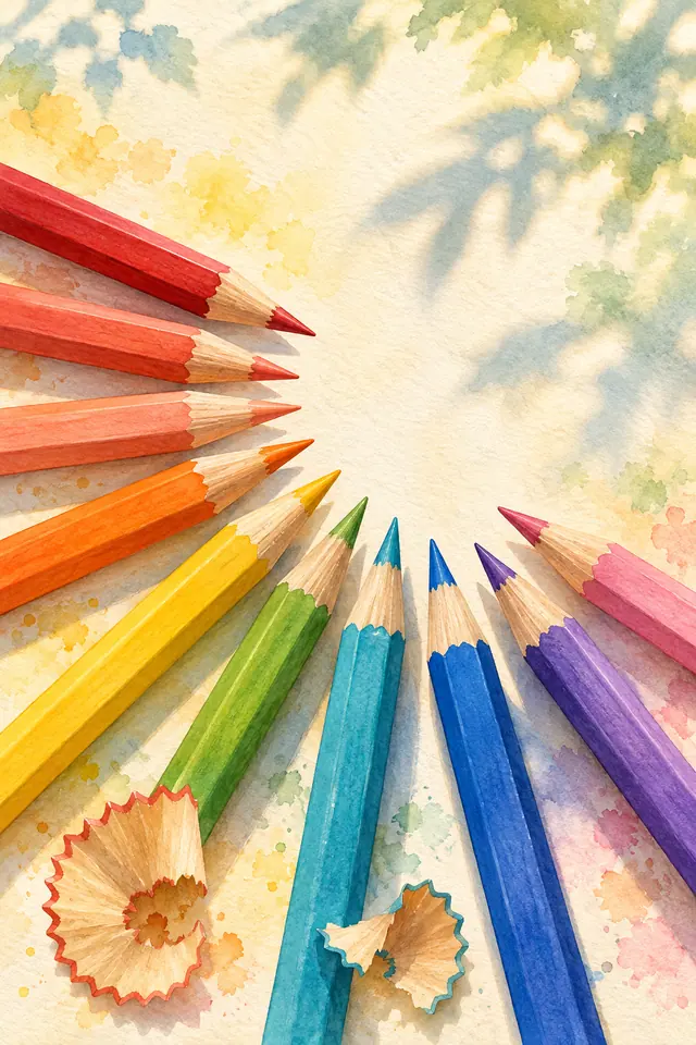Aquarela de lápis coloridos em leque, com aparas e sombras de folhas sobre papel texturizado claro.