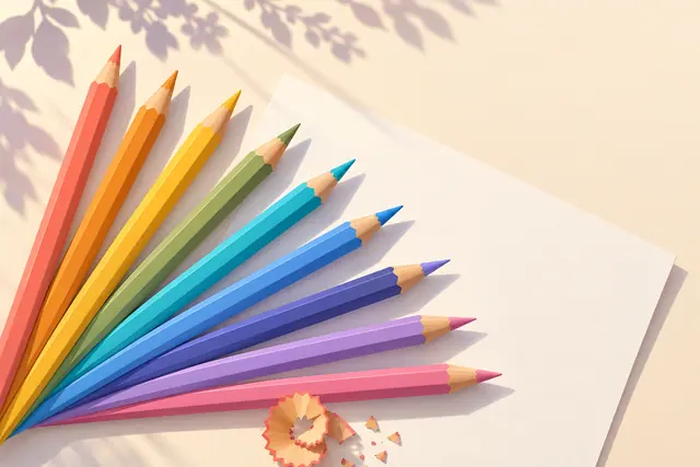 Lápis coloridos em leque sobre papel em branco, com aparas de madeira e sombras de folhas em uma superfície clara.