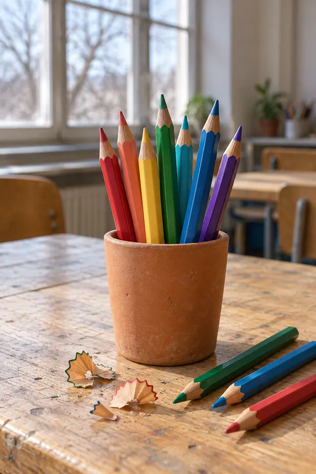 Lápis coloridos em vaso de barro sobre mesa de madeira, com aparas e uma sala de aula iluminada pela janela ao fundo.