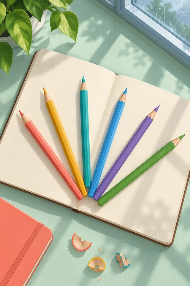 Lápis coloridos em leque sobre caderno aberto, com aparas e uma planta ao lado de uma janela com gotas de chuva.