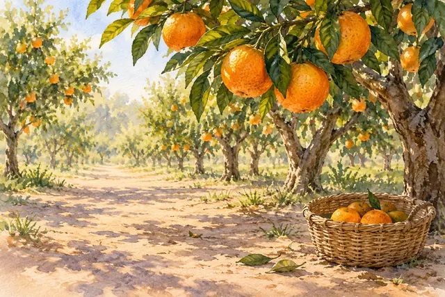 Aquarela de pomar com laranjas nos galhos e cesto de frutos junto a um caminho de terra iluminado.