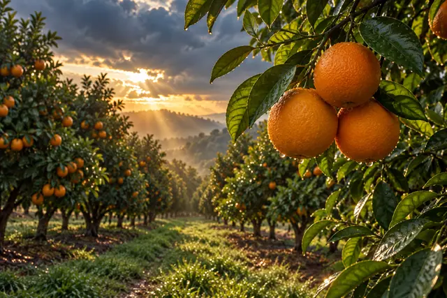 Laranjas com gotas de água no galho, diante de um pomar iluminado pelos raios de sol entre nuvens escuras.