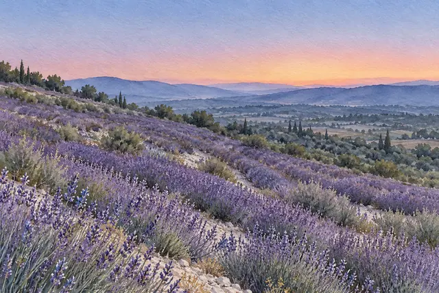 Aquarela de lavandas em uma encosta pedregosa, com árvores e colinas ao fundo sob o céu rosado do entardecer.
