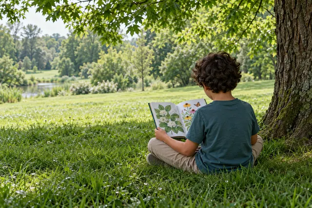 Criança de costas lê um livro ilustrado na grama, sob uma árvore, com um lago e vegetação ao fundo.