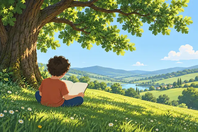 Criança de costas lendo sob um carvalho, com flores na grama e vista para colinas verdes e um lago.