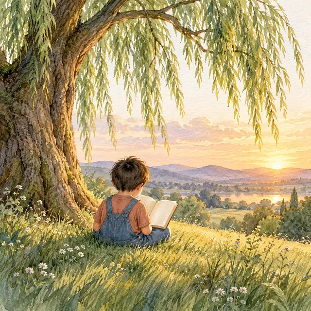 Aquarela de criança de costas lendo sob um salgueiro, entre flores, com lago e colinas ao pôr do sol.