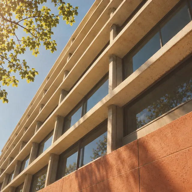 Fachada modernista vista de baixo, com concreto claro, janelas, parede terracota e folhas contra o céu azul.