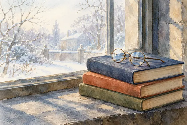 Aquarela de três livros empilhados com óculos redondos junto à janela, com árvores e jardim cobertos de neve.