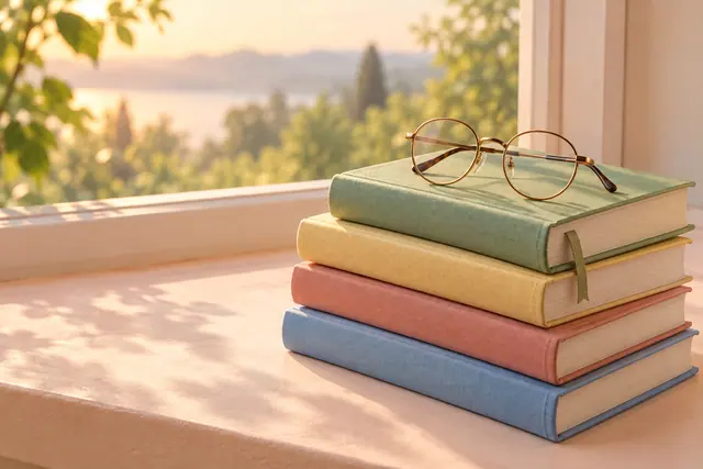 Óculos redondos sobre quatro livros em tons pastel no parapeito de uma janela iluminada pelo sol.