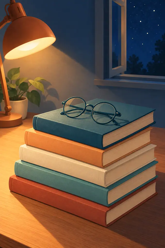 Óculos redondos sobre cinco livros coloridos, com abajur, planta e janela aberta para uma noite estrelada.