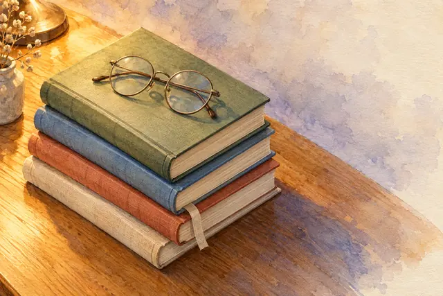 Aquarela de quatro livros empilhados com óculos redondos sobre uma mesa de madeira iluminada por um abajur.