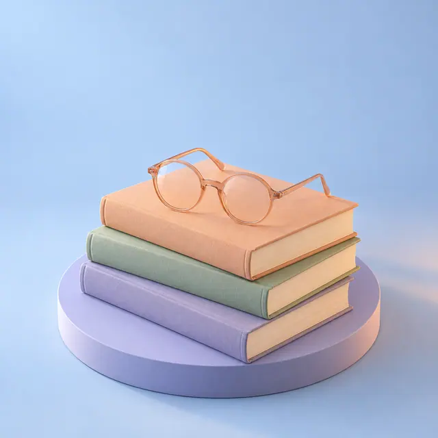 Óculos redondos sobre três livros em tons pastel, apoiados em uma base circular lilás diante de um fundo azul.