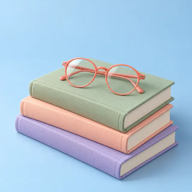 Óculos redondos de armação coral sobre três livros em tons pastel, com fundo azul-claro e iluminação suave.