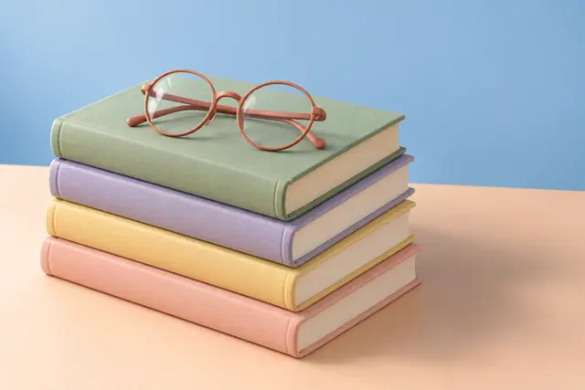 Óculos redondos sobre quatro livros em tons pastel, em uma mesa pêssego com fundo azul e luz suave.