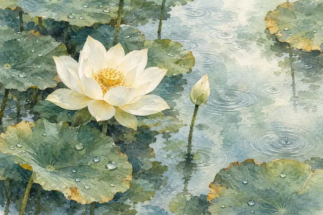 Aquarela de lótus branca e botão sobre lago com ondulações, entre folhas verdes com gotas de chuva e bordas ocres.
