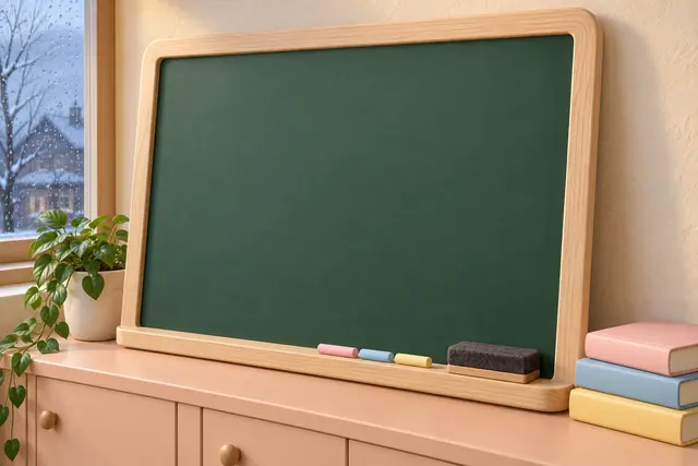 Lousa verde em branco com gizes, apagador e livros em tons pastel, ao lado de uma planta e de uma janela chuvosa.