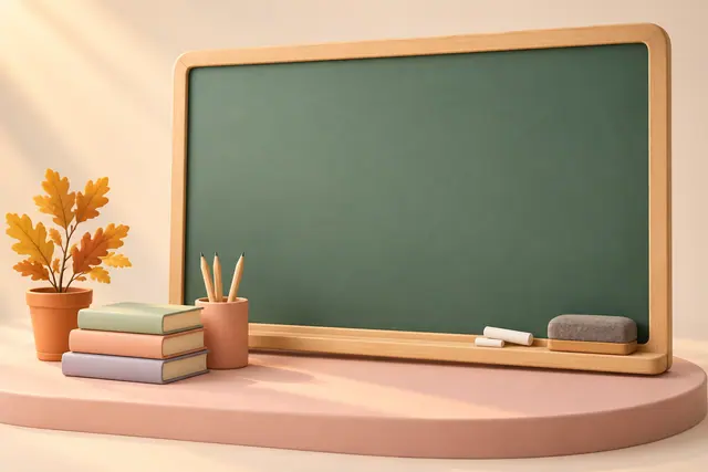 Lousa verde em branco com moldura de madeira, livros pastel, lápis, giz e vaso com folhas alaranjadas em 3D.