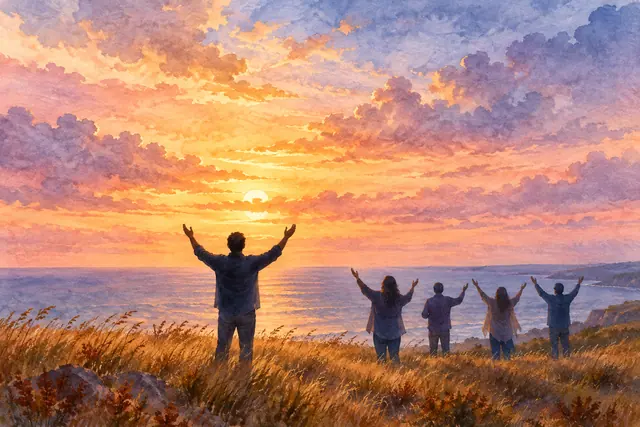 Aquarela de cinco pessoas em louvor, com braços erguidos diante do mar sob um céu dourado ao pôr do sol.