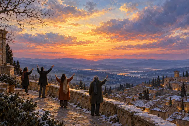 Quatro pessoas em louvor num terraço com neve, acima de uma cidade, sob o céu dourado e violeta do entardecer.