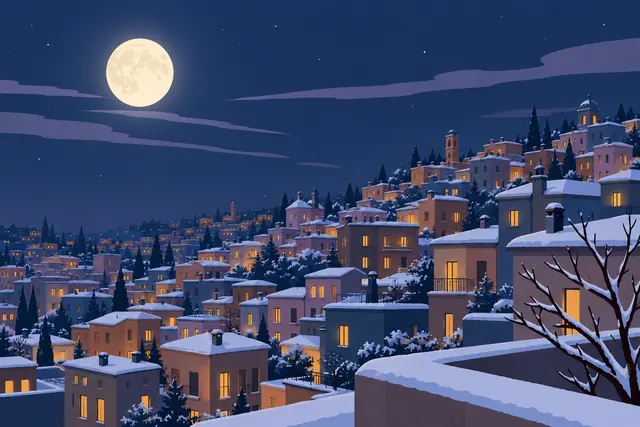 Lua cheia sobre uma cidade em encosta, com telhados nevados, janelas iluminadas e nuvens lilases no céu.