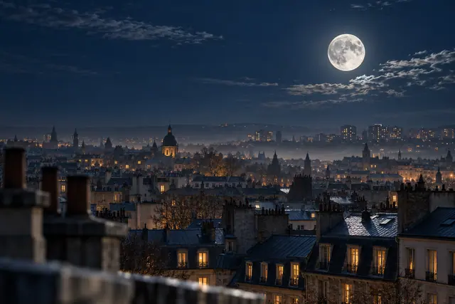 Lua cheia entre nuvens sobre telhados e torres de uma cidade, com janelas iluminadas e chaminés desfocadas à frente.