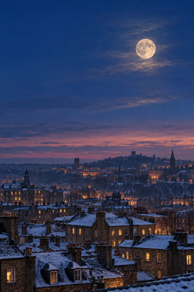 Lua cheia entre nuvens sobre uma cidade de telhados nevados e janelas iluminadas ao anoitecer.