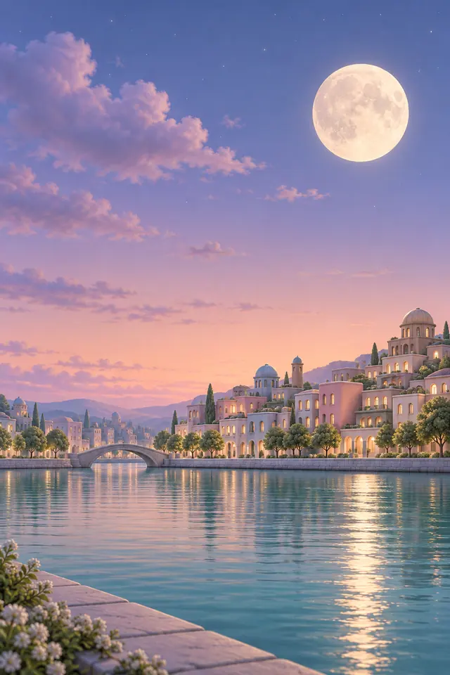 Lua cheia no céu lilás sobre cidade em tons pastel, ponte em arco e reflexos dourados em um canal.