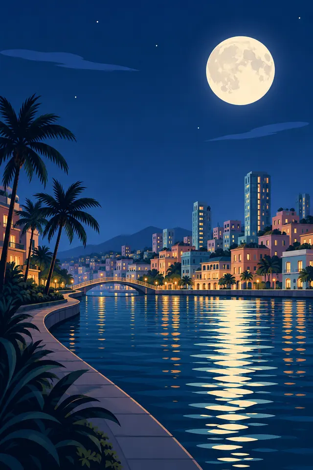 Lua cheia sobre cidade tropical com palmeiras, ponte em arco e reflexos luminosos nas águas de um canal.