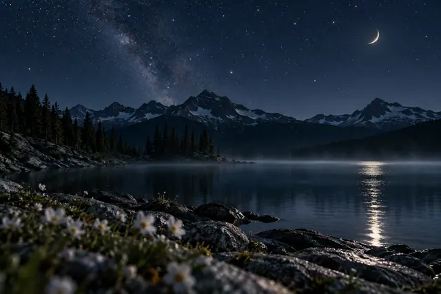 Lua crescente e céu estrelado sobre um lago com montanhas, pinheiros e flores brancas desfocadas na margem.