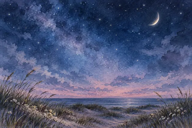 Aquarela de lua crescente e céu estrelado sobre dunas à beira-mar, com capins e pequenas flores brancas.