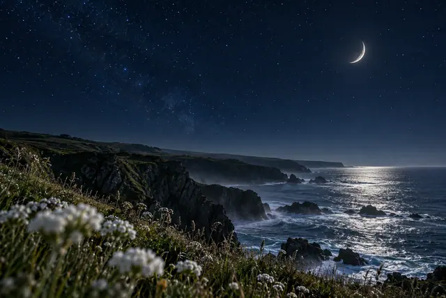 Lua crescente e estrelas sobre falésias, com reflexos prateados no mar e flores brancas desfocadas em primeiro plano.