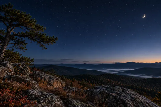 Lua crescente e estrelas sobre montanhas com neblina, emolduradas por um pinheiro e rochas em primeiro plano.