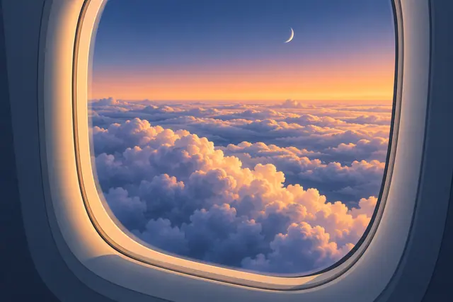 Vista pela janela de um avião com nuvens em tons de azul e pêssego ao entardecer e uma lua crescente no céu.
