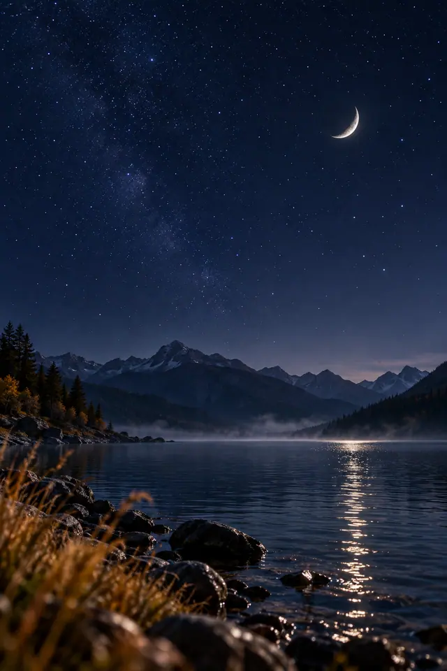 Lua crescente e estrelas sobre um lago entre montanhas, com névoa, reflexo na água e capins dourados na margem.