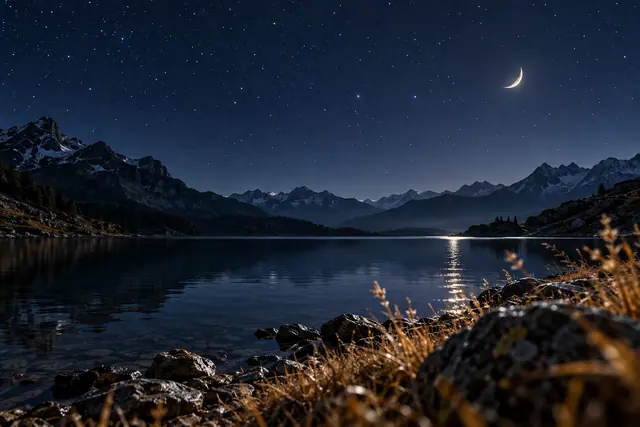 Lua crescente e estrelas sobre um lago entre montanhas, com pedras e capins dourados na margem.