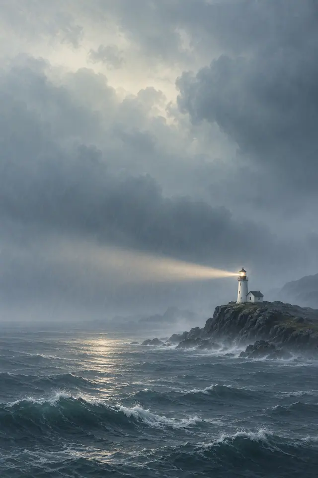 Farol branco sobre rochas ilumina o mar sob chuva e nuvens azul-acinzentadas, como símbolo de fé e esperança.