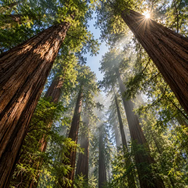Sequoias vistas de baixo, com raios de sol entre as copas verdes e uma névoa suave sob o céu azul.